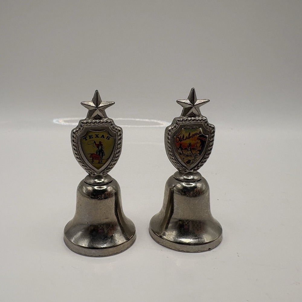 Set Of 2 Vintage Pewter Souvenir Bells 'A Happy Charm' Texas Oklahoma Small 2"
